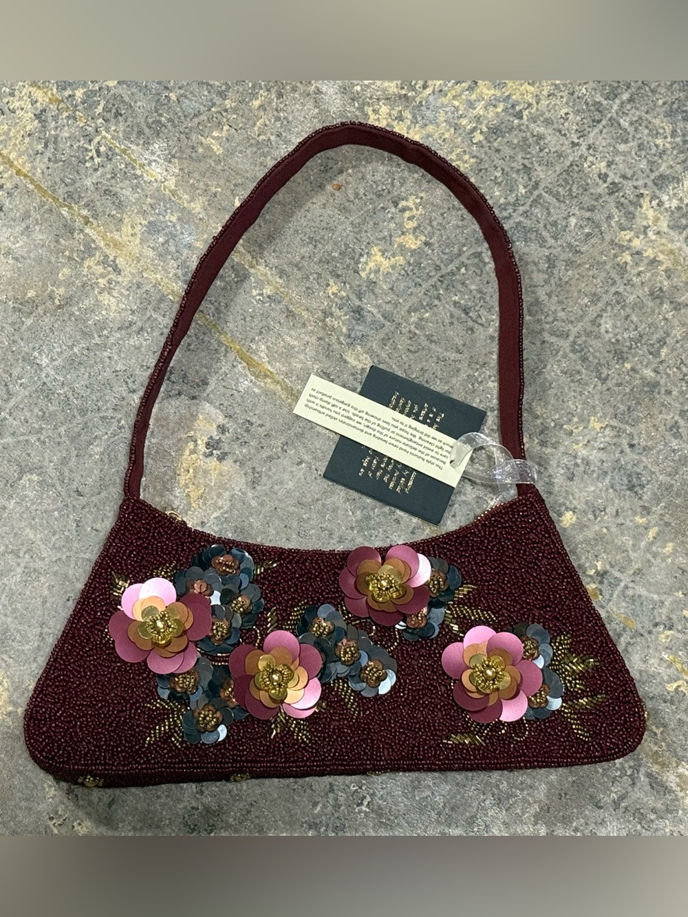 From India To You Beaded Burgundy Floral Appliqué Zips Closed Shoulder Bag - NWT